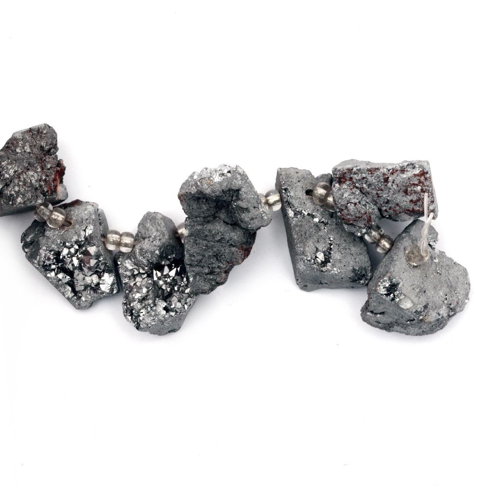 Мънисто естествен камък АХАТ друза галванизиран оцветен сив 22~37x14~17x17~21 мм дупка 1.5 мм -1 брой