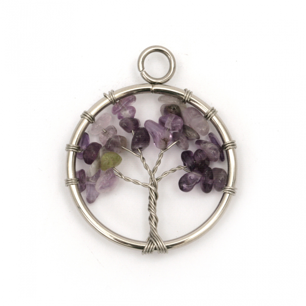 Amethyst Tree of Life Pendant, made of Natural Stone and Steel, Size: 30x37x4 mm