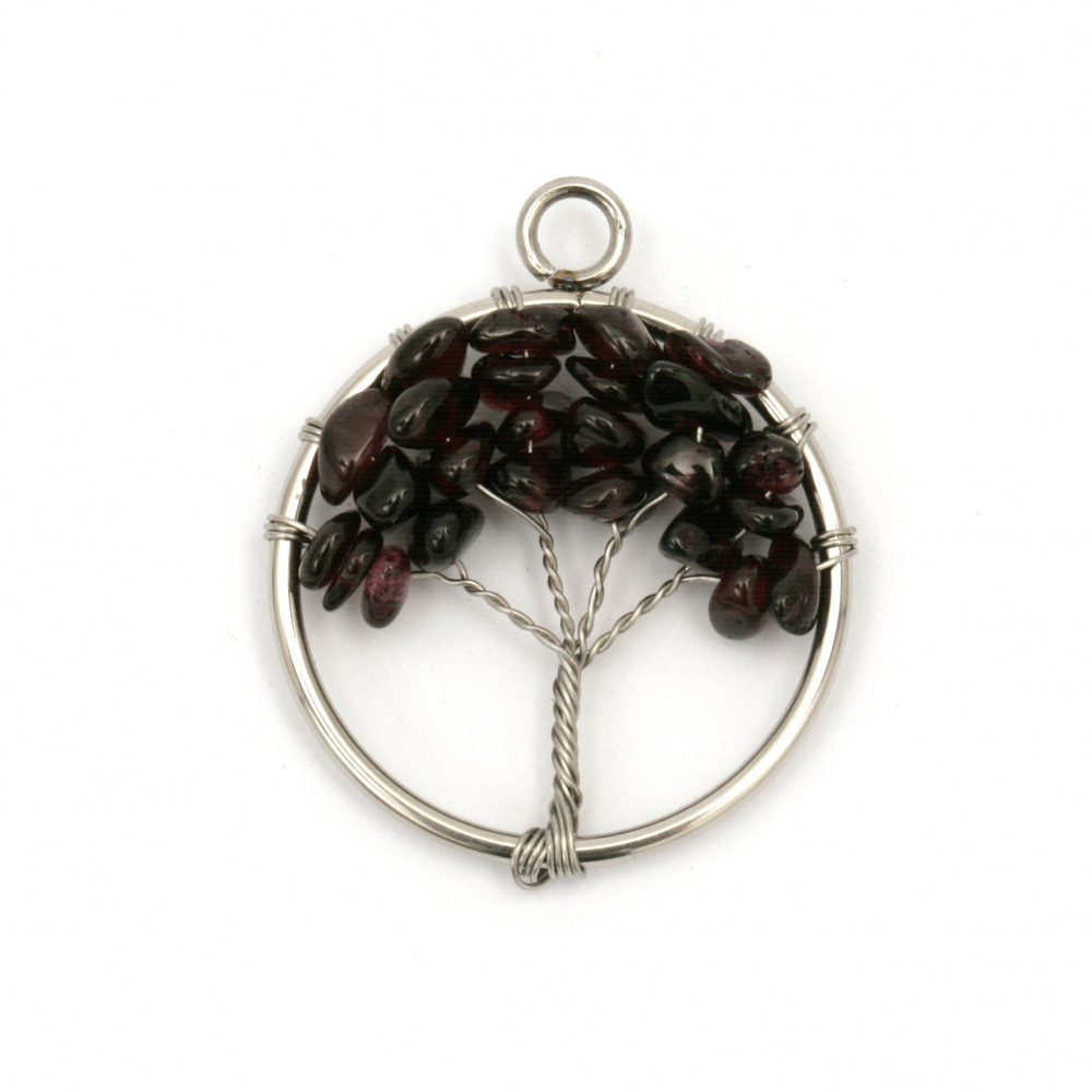 GARNET Tree of Life Pendant, made of Natural Stone and Steel, Size: 30x37x4 mm