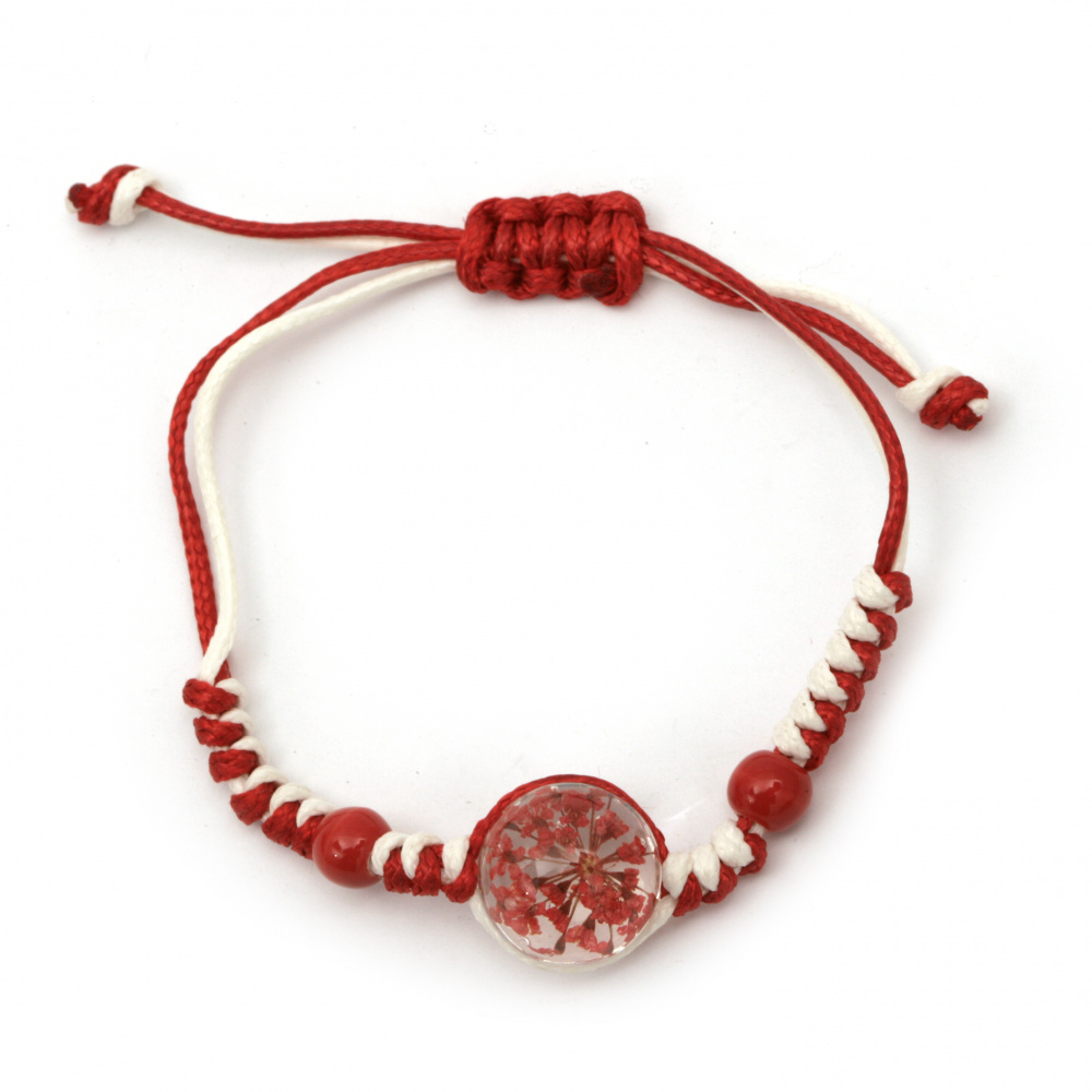 Гривна мартеница шнур памучен с мъниста порцелан и елемент с вградени естествени цветя червени -10 броя