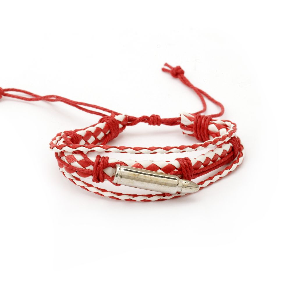 Мартеница гривна от изкуствена кожа с памучен шнур цвят бял и червен 6 броя