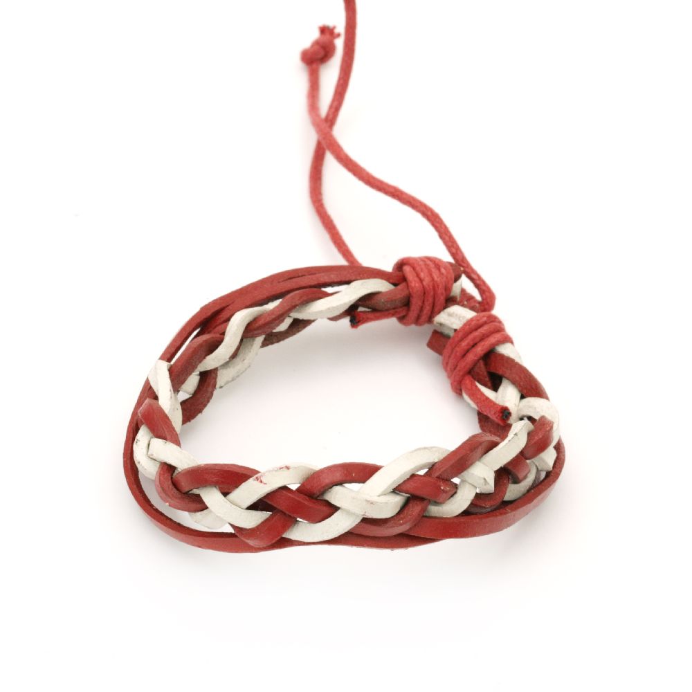 Мартеница гривна от естествена кожа с памучен шнур цвят бял и червен 12 броя