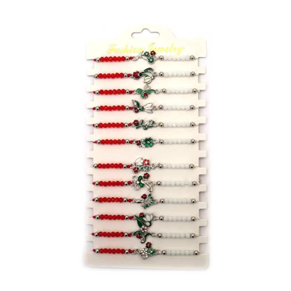 Brățară Martisor din material textil cu element metalic și mărgele acrilice ASORTATE - 12 bucăți