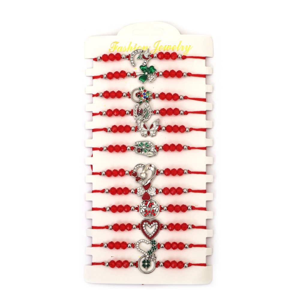 Brățară Martisor  din material textil cu element metalic, cristale și mărgele acrilice - 12 bucăți