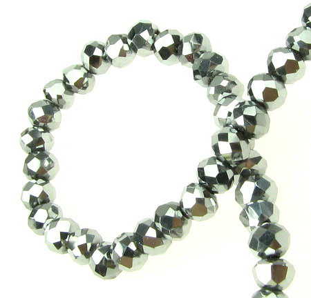String Glass Faceted Crystals with Metal Coating / 4x3 mm, Hole: 1 mm / Silver ~ 100 pieces