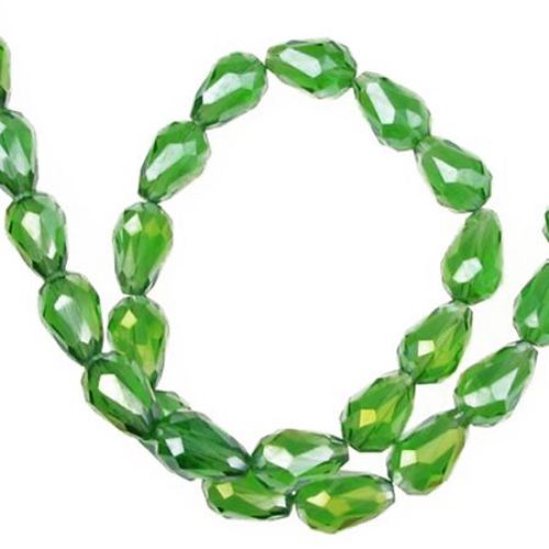 Lustrous galvanized glass beads strand, teardrop for jewelry making 12x8 mm hole 1mm rainbow transparent green ~ 60 pieces