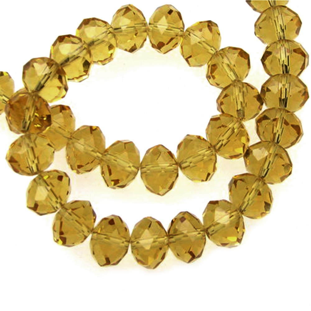 String of Transparent Glass Faceted Beads / 10x7 mm, Hole: 1 mm / Light Gold  ± 72 pieces