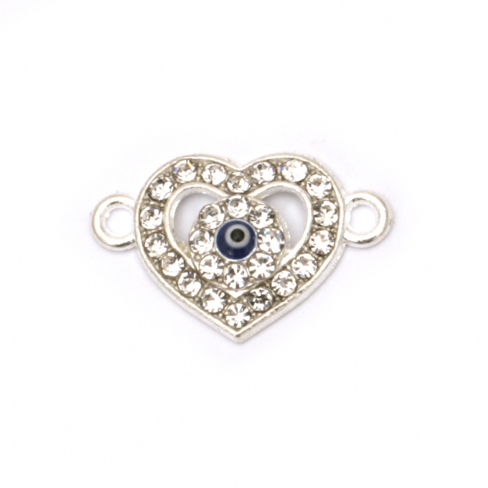 Metal Connecting Element with Rhinestones / Heart with Blue Eye / 20x13x3.5 mm, Hole: 2 mm / Silver - 2 pieces