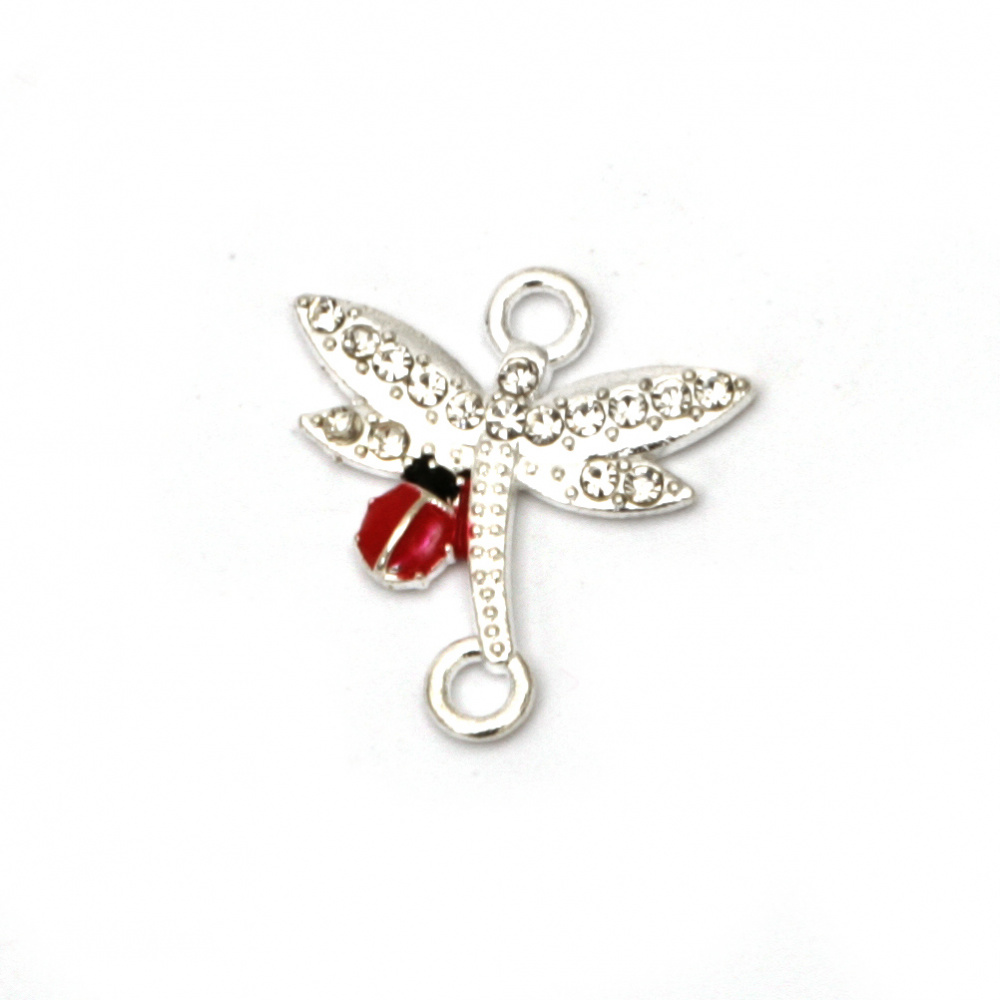 Metal Link Element with Crystals / Dragonfly with Ladybug / 19x18x2.5 mm, Hole: 2 mm / Silver  - 2 pieces