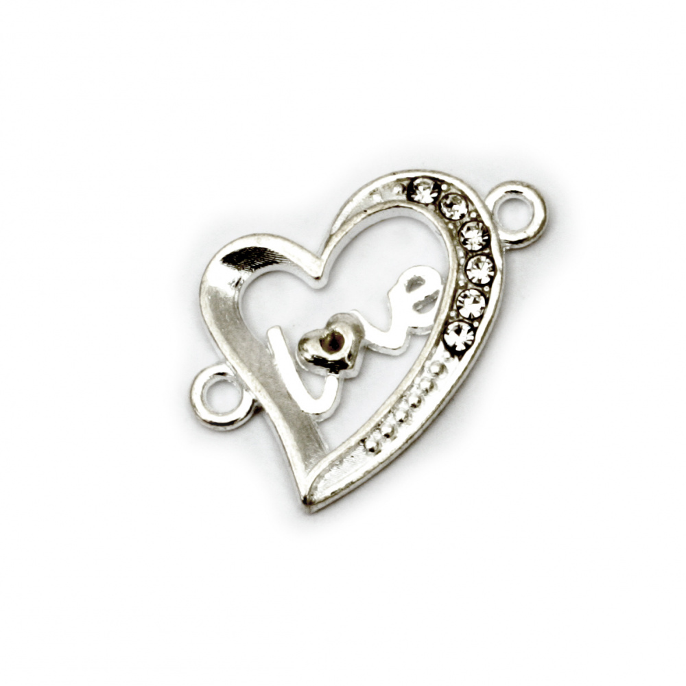 Metal Link Charm with Crystals /   Heart with Inscription LOVE / 22x15x2 mm, Hole: 2 mm / Silver - 2 pieces