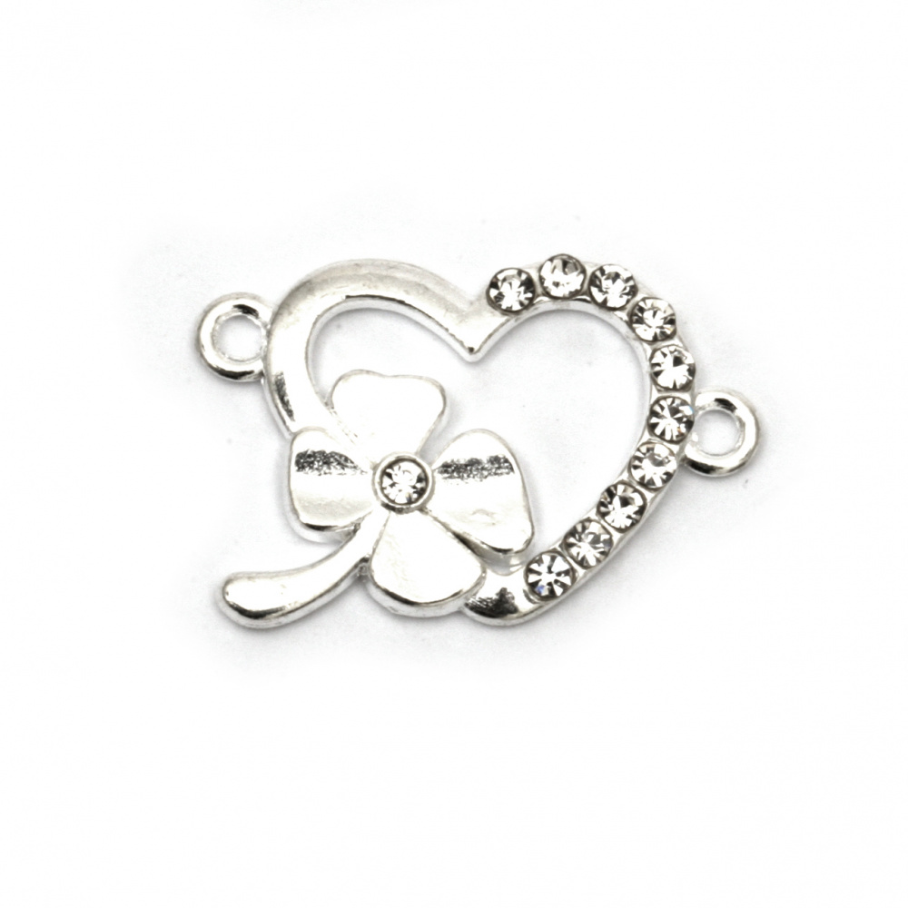 Metal Connector with Crystals /  Heart with Clover / 25x16x2.5 mm,  Hole: 1.5 mm / Silver - 2 pieces
