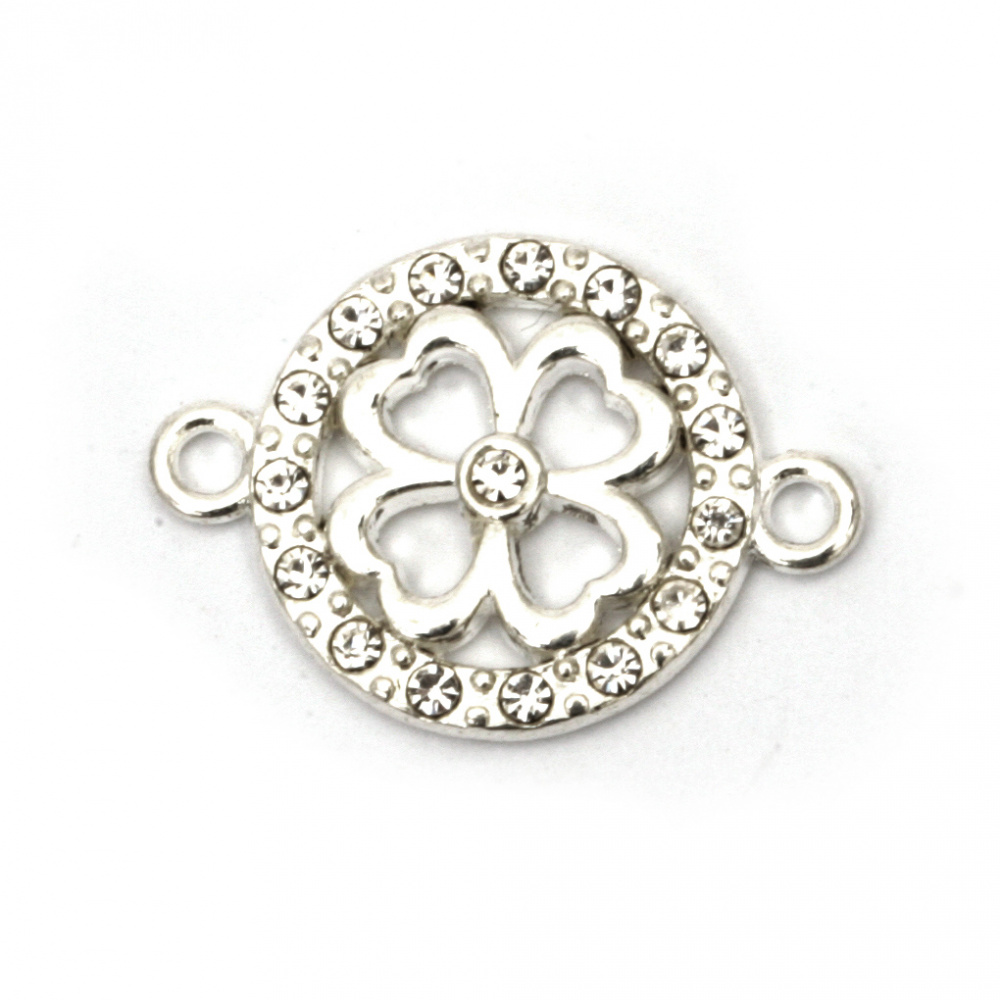 Metal Round Connector Charm - Silver Clover with Crystals, Double Loops, Link Charm for Jewelry Making, 21x15x2.5 mm, Hole: 1.5 mm, 2 pieces