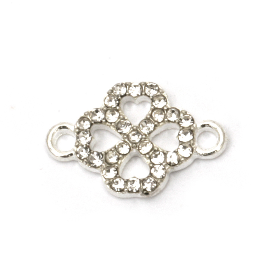 Metal Link Element with Rhinestones / Lucky Clover /  19x12.5x2.5 mm, Hole: 2 mm /  Silver - 2 pieces