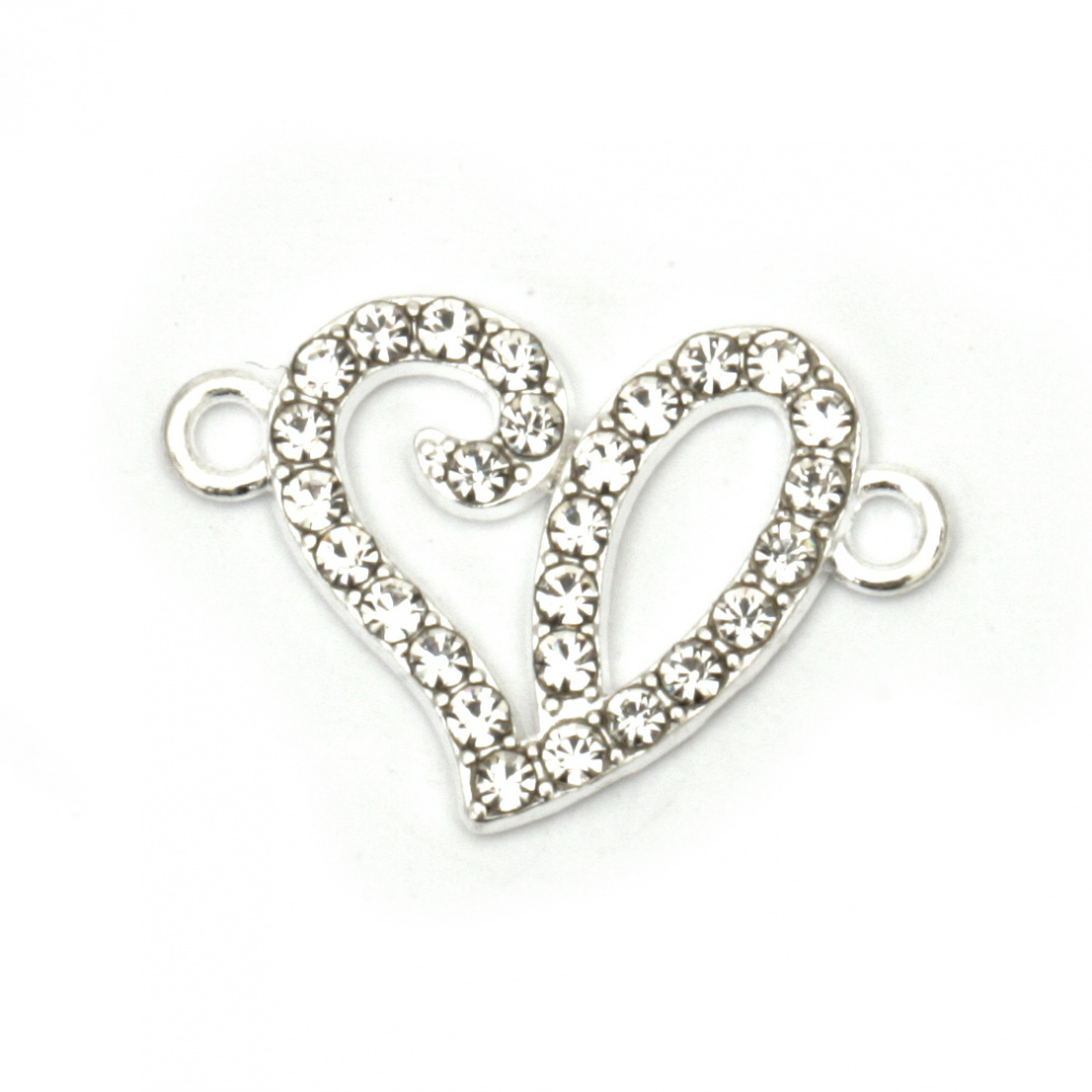 Metal Link Charm with Crystals /  Heart / 23x15.5x2 mm, Hole: 2 mm / Silver - 2 pieces
