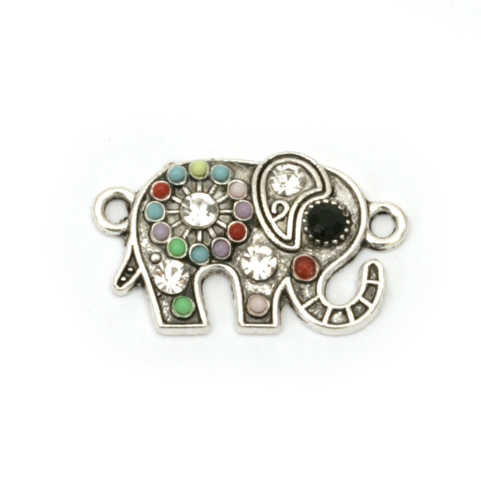 Metal Connector Charm - Silver Color Elephant with Crystals, Double Loops, Link Charm for Jewelry Making, 23x13.5x3 mm, Hole: 1.5 mm, 2 pieces