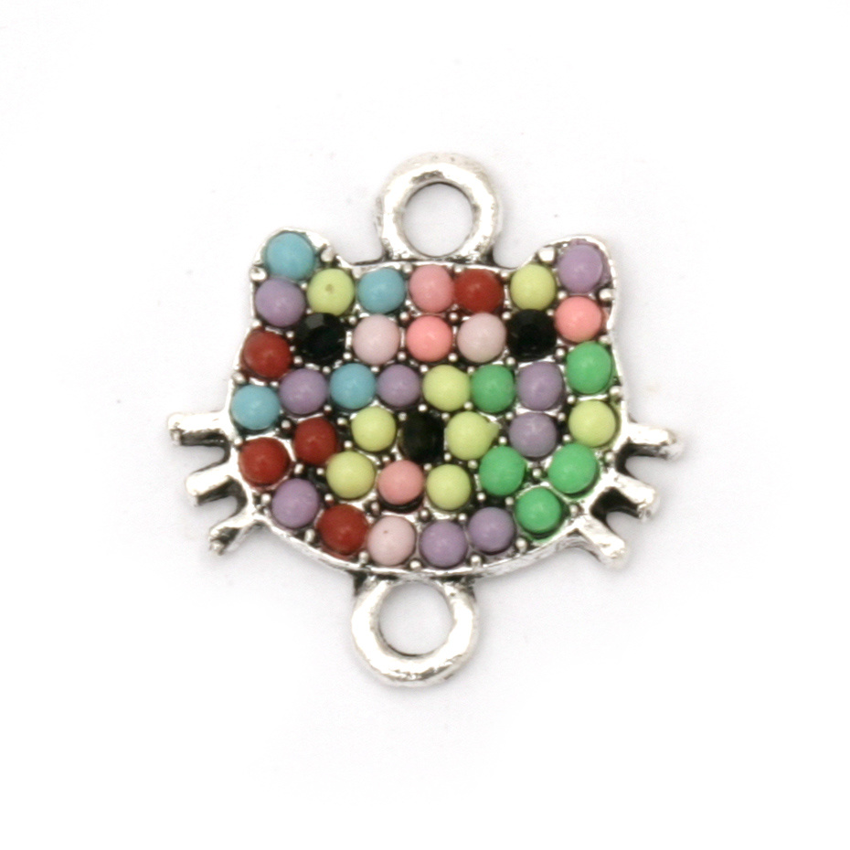 Metal Connecting Element / Kitten / 18x17x2.5 mm, Holes: 2 mm / Silver with colored Stones - 2 pieces