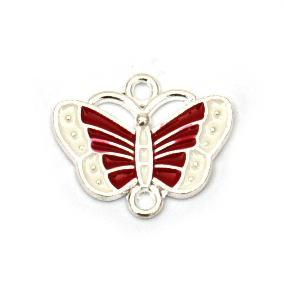 Свързващ елемент метал пеперуда бяло и червено 18.5x15x2 мм дупка 2 мм цвят сребро -2 броя
