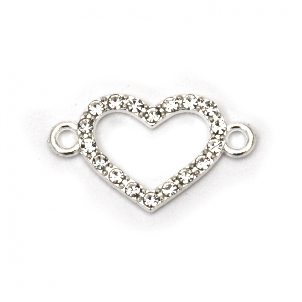 Metal Connector Bead with Crystals / Heart / 21x12x2 mm,  Holes: 2 mm / Silver - 2 pieces