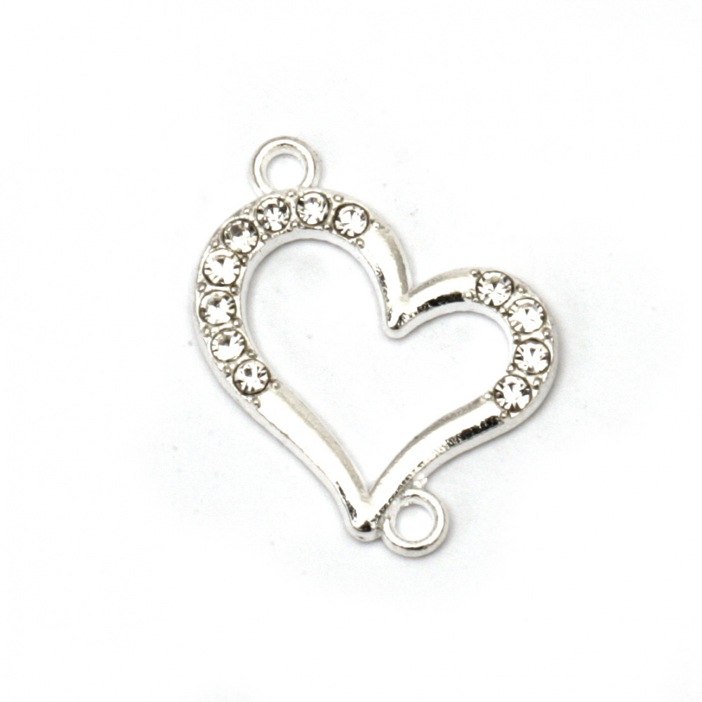Metal Link Element with Crystals /  Heart / 25x50x2.5 mm / Holes: 2 mm / Silver - 2 pieces