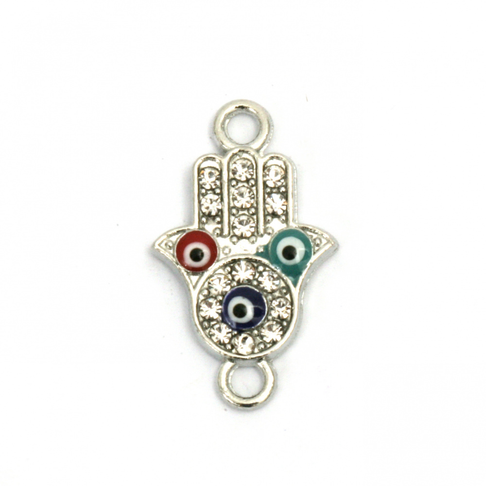 Metal Connecting Charm with Rhinestones / The Hand of Fatima with Eyes / 24x14x3 mm, Holes: 1.5 mm / Silver - 2 pieces