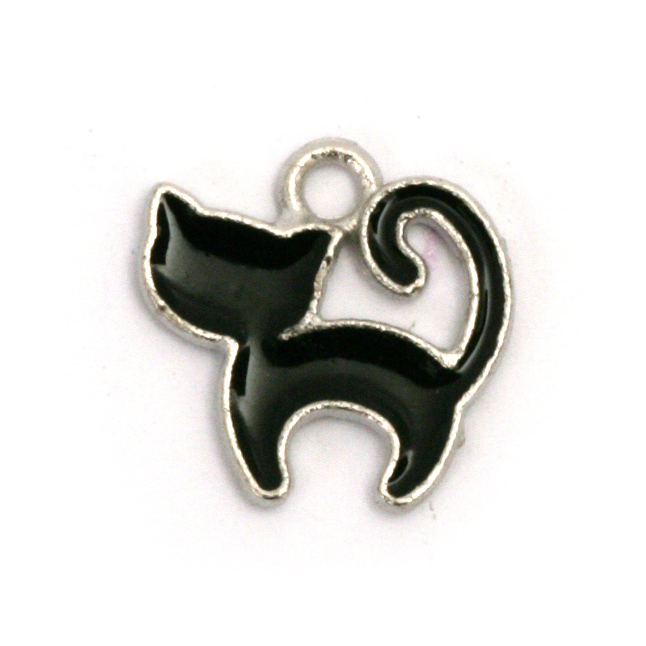 Black Cat Metal Pendant, Metal Charm for Jewelry Making, DIY and Craft, Silver Color, 12.5x12.5x1.5 mm, Hole: 1.5 mm, 5 pieces 