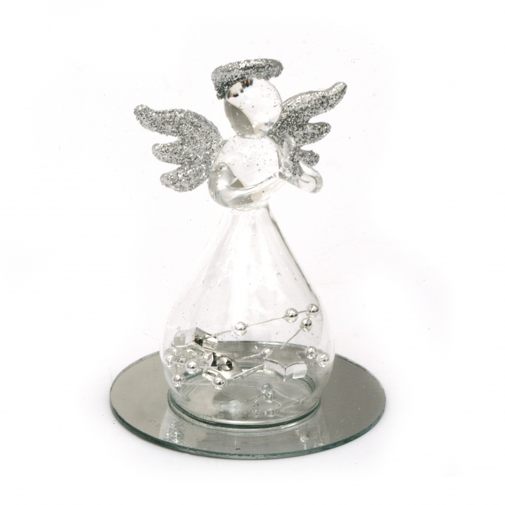 Стъклена фигурка ангел със сребърен брокат 7.5 см