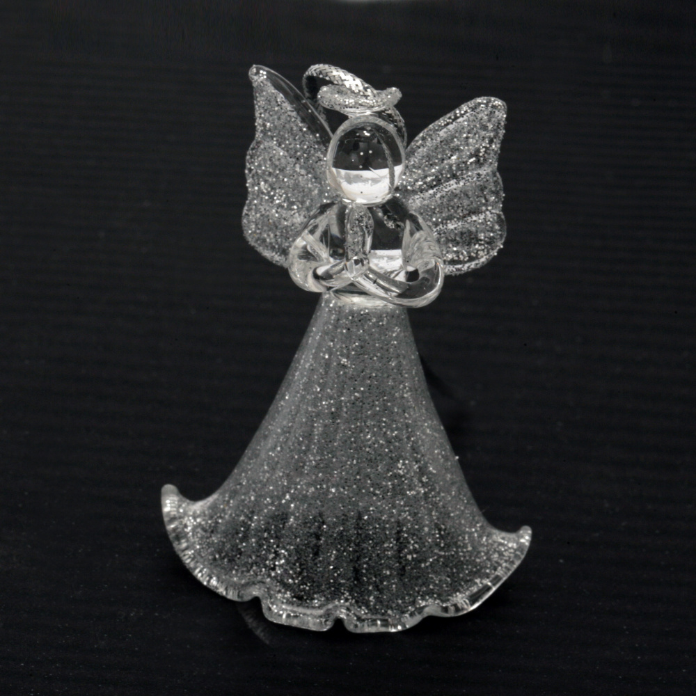 Figurină de Crăciun înger din sticlă cu brocart argintiu 6 cm