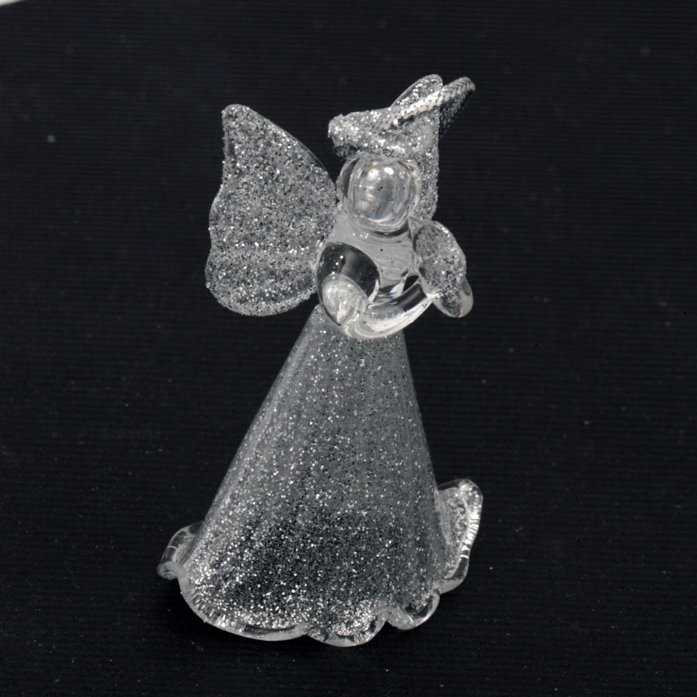 Figurină de Crăciun înger din sticlă cu brocart argintiu 6 cm
