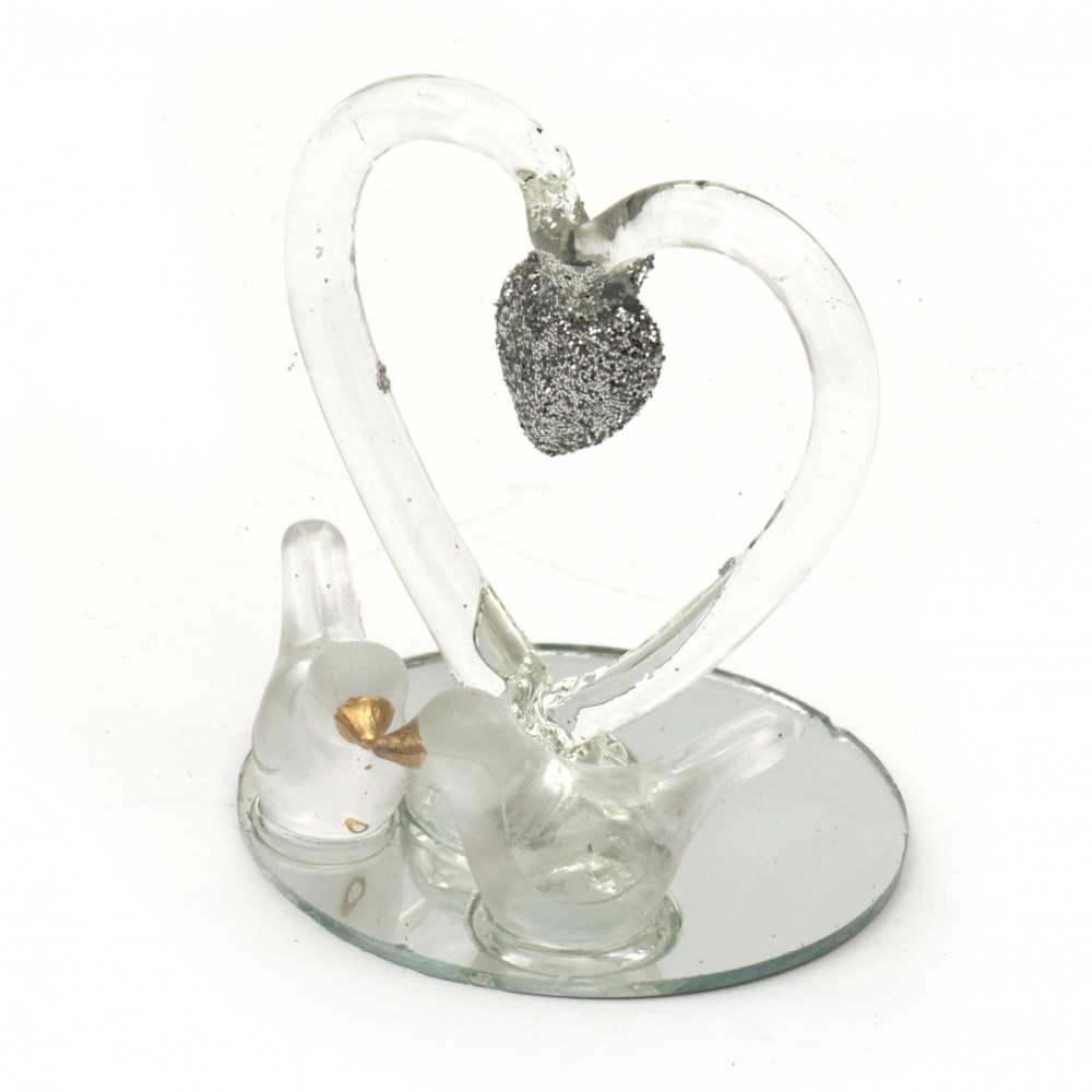 Διακοσμητικό Γυάλινη καρδιά  με ασημένια περιστέρια brocade 4,5 cm