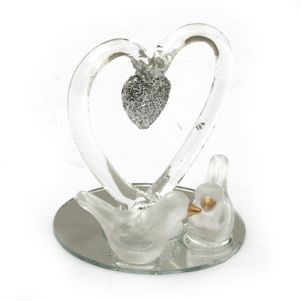 Διακοσμητικό Γυάλινη καρδιά  με ασημένια περιστέρια brocade 4,5 cm