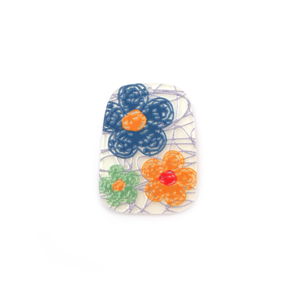 Designer pendant, made of plastic, painted, 40x29x2.5mm, hole 1mm, flowers