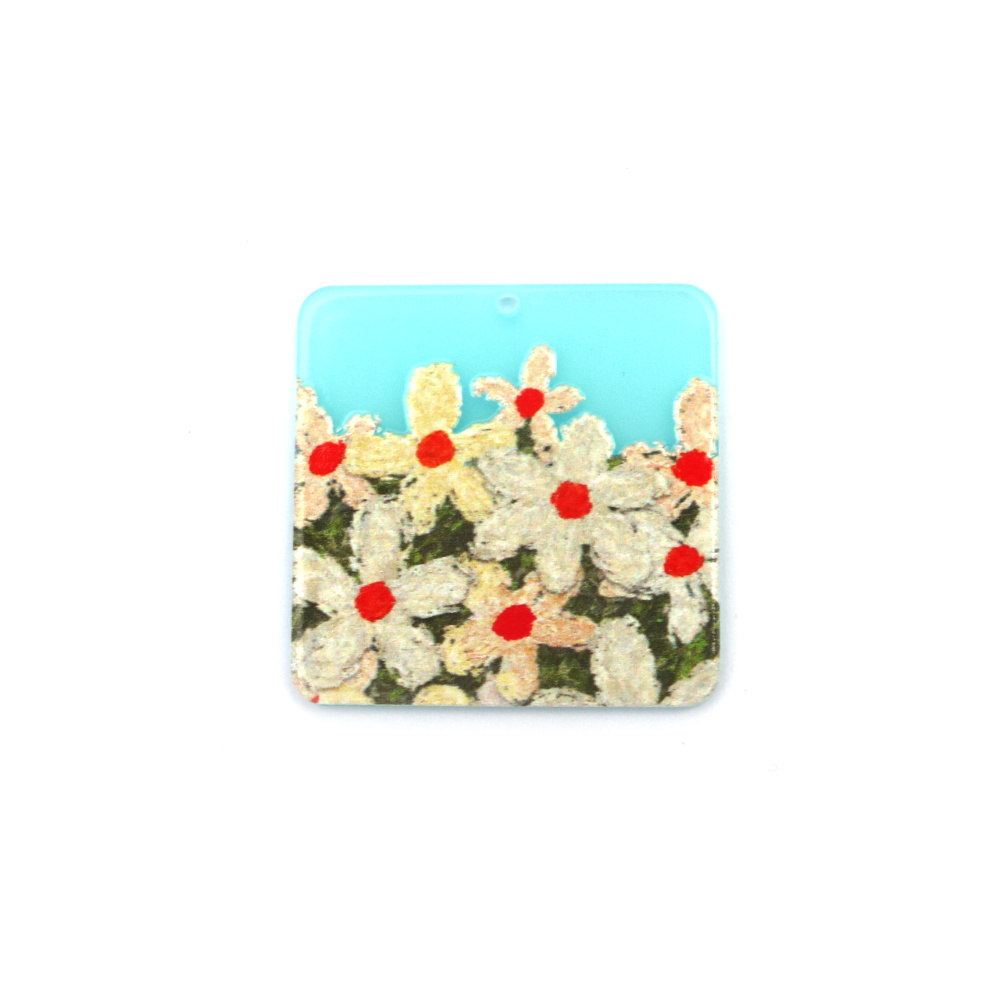 Designer pendant, made of plastic and painted, 35x35x2mm, with a 1mm hole, featuring flowers