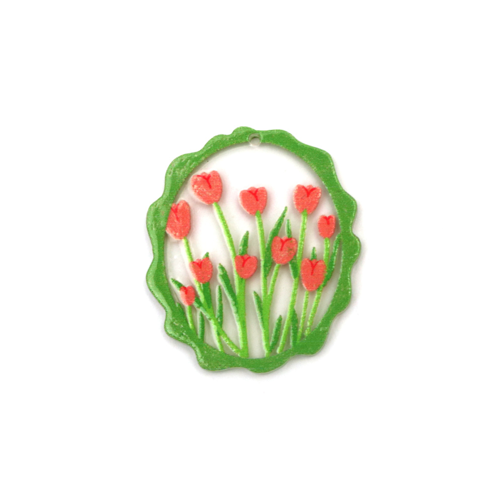 Designer pendant, made of plastic, painted, 40x34x2mm, hole 1mm, tulips