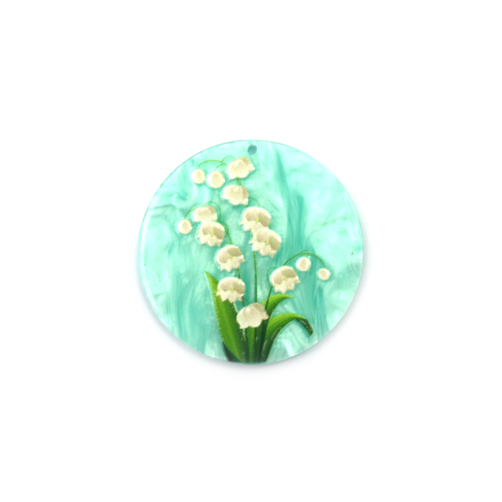 Designer pendant,made of  plastic, painted, 38x2.5mm, hole 1mm, lily of the valley