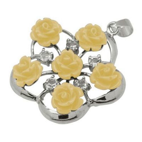 Metal Flower Pendant with YELLOW CORAL / 35x38 mm /  Bail: 4 mm