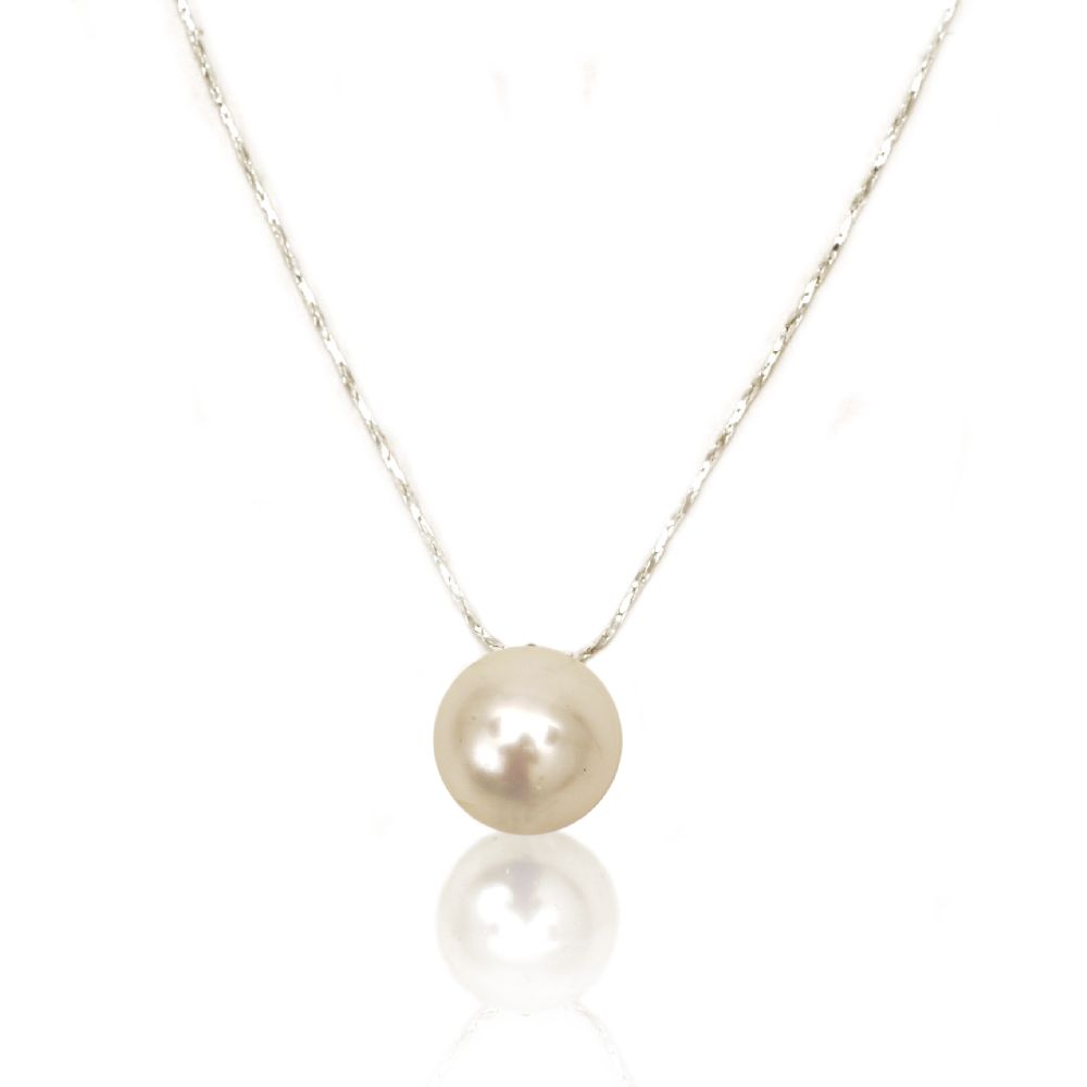 Necklace metal with pearl glass 14 mm white -21 cm