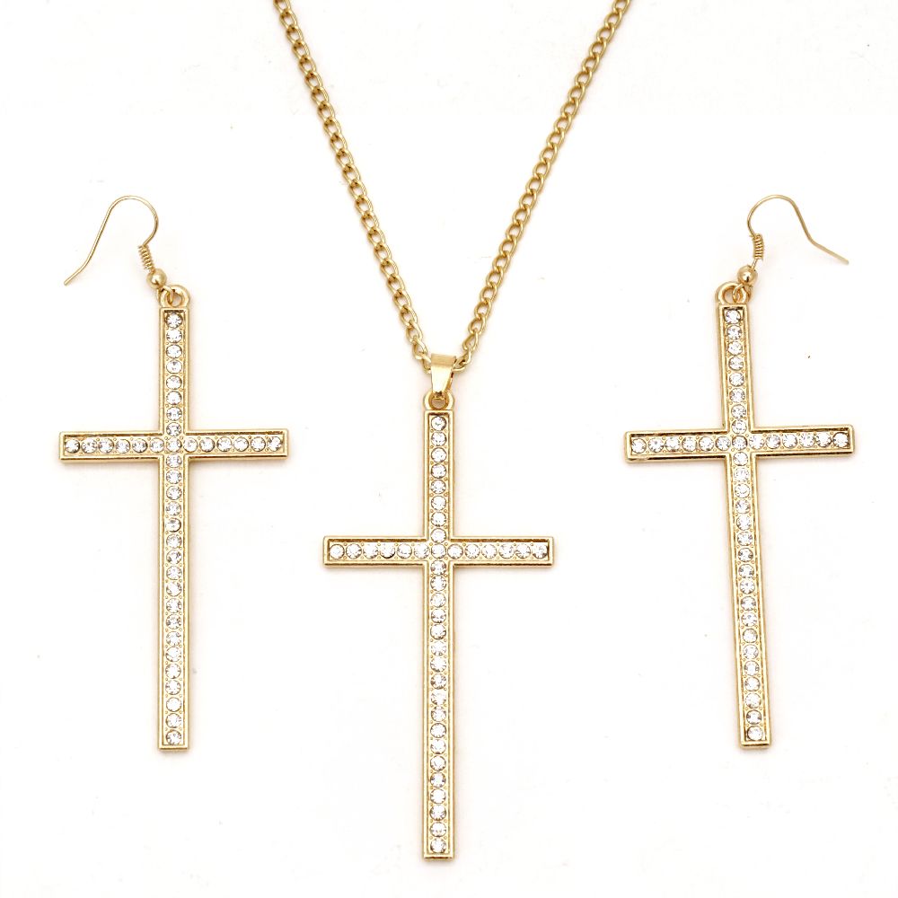 Set necklace earrings metal color gold cross crystals