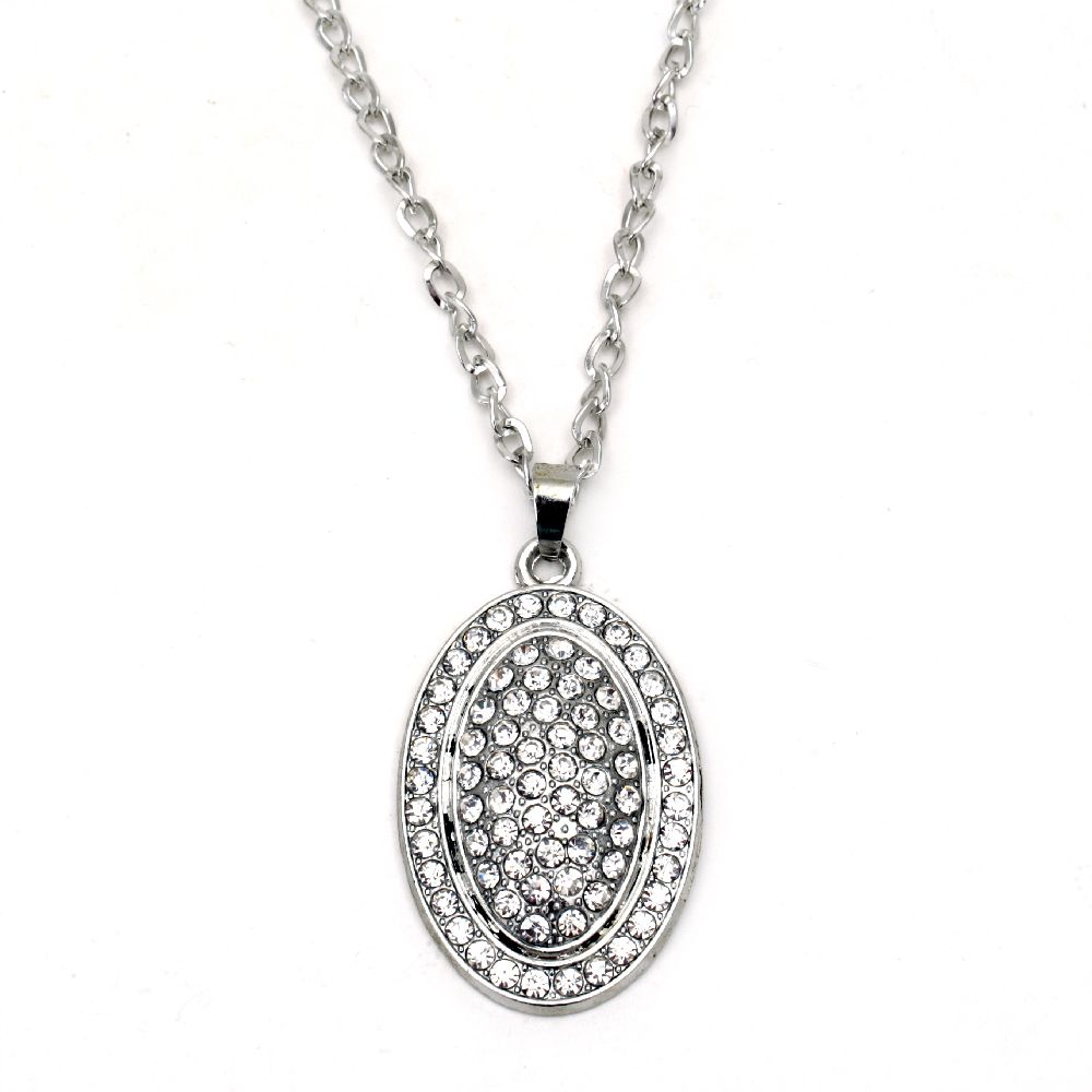Necklace metal color silver crystals oval 55x34 mm 41 cm