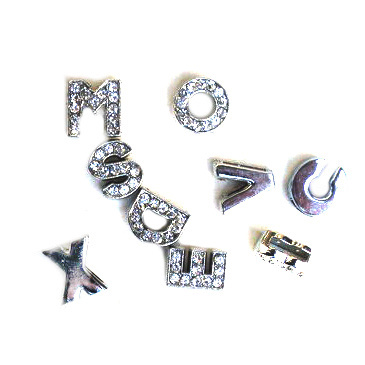 Metal letter beads for stringing with tiny crystals