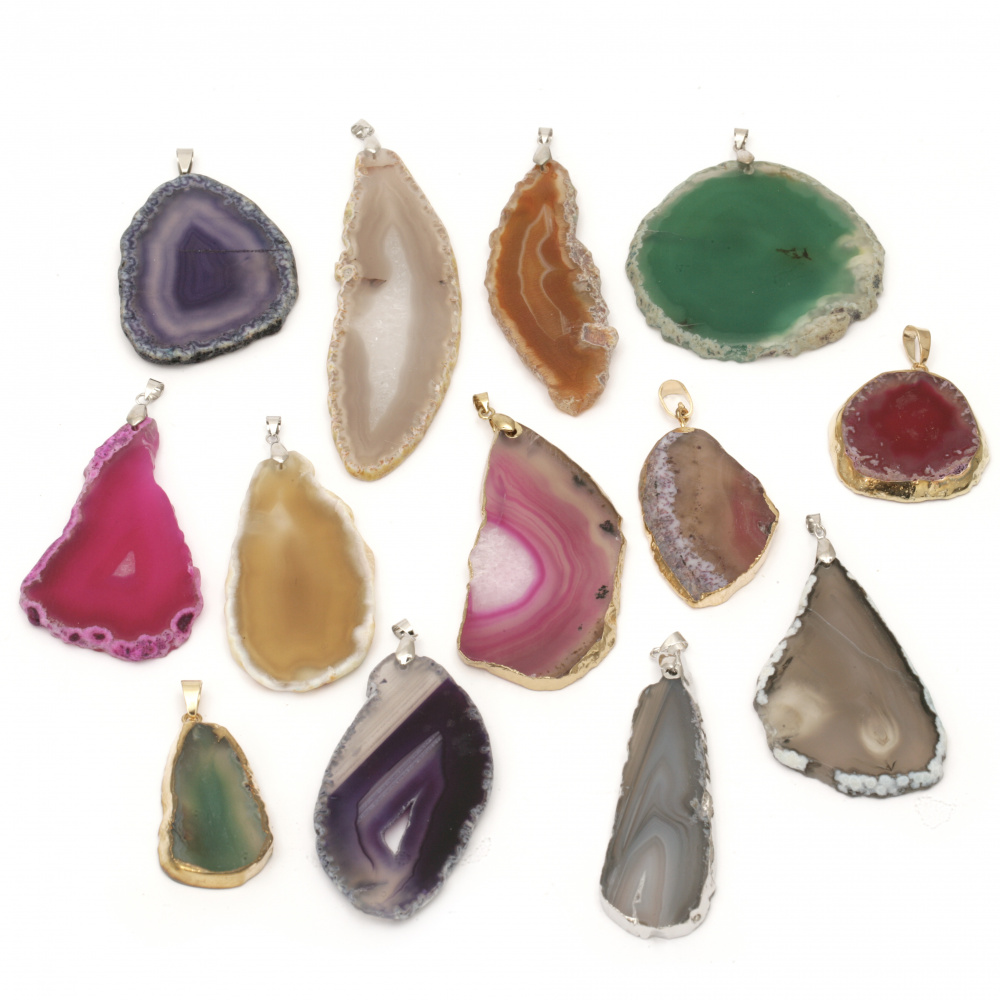 Pendant natural stone Agate assorted colors and shapes 25~70x45 ~115x4~8 mm