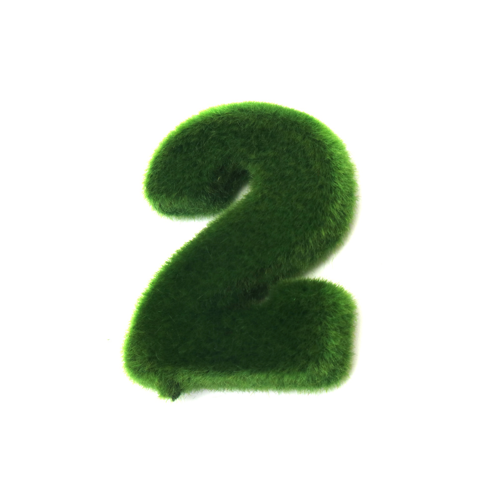 Number 2 made of styrofoam, covered with moss, measuring 84x65x16.5 mm