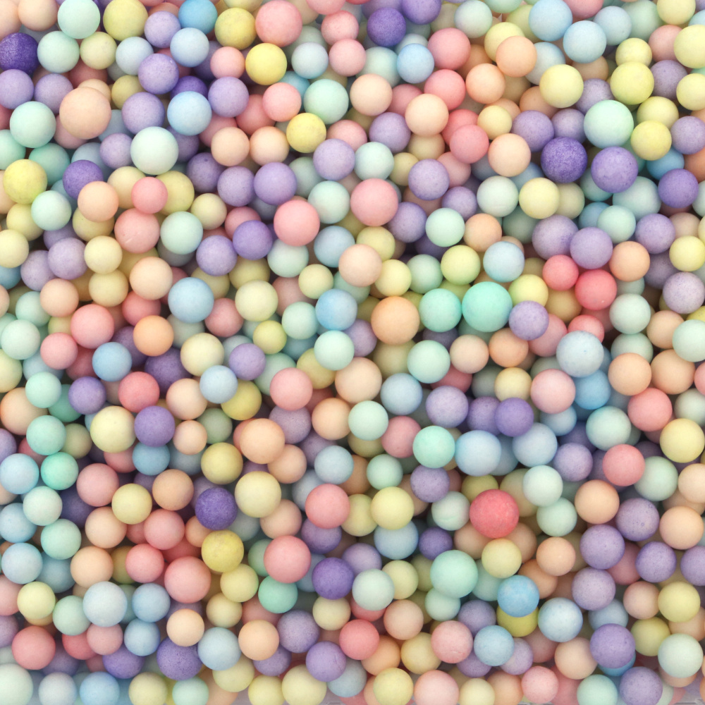 Colorful styrofoam balls ranging from 3 to 5 mm in size, and approximately 10 grams