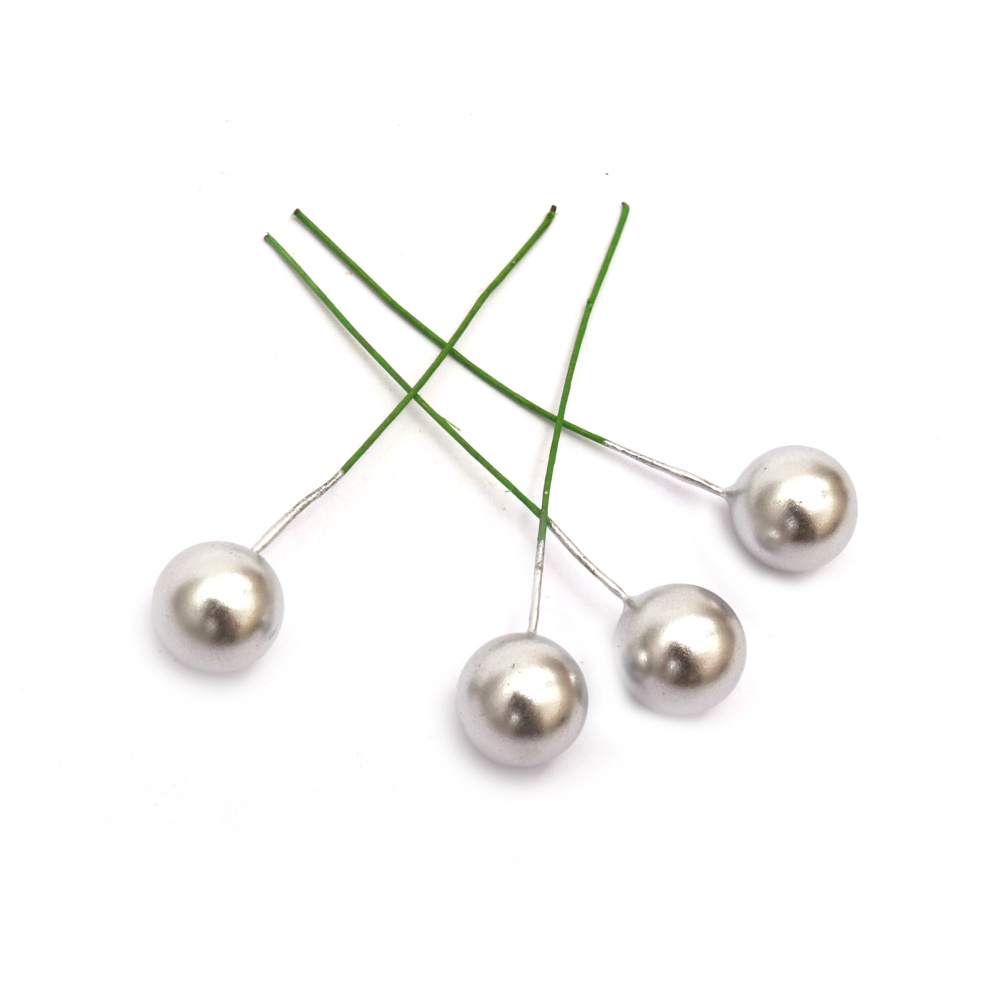 Styrofoam ball, 10 mm, with silver-colored wire base - 20 pieces