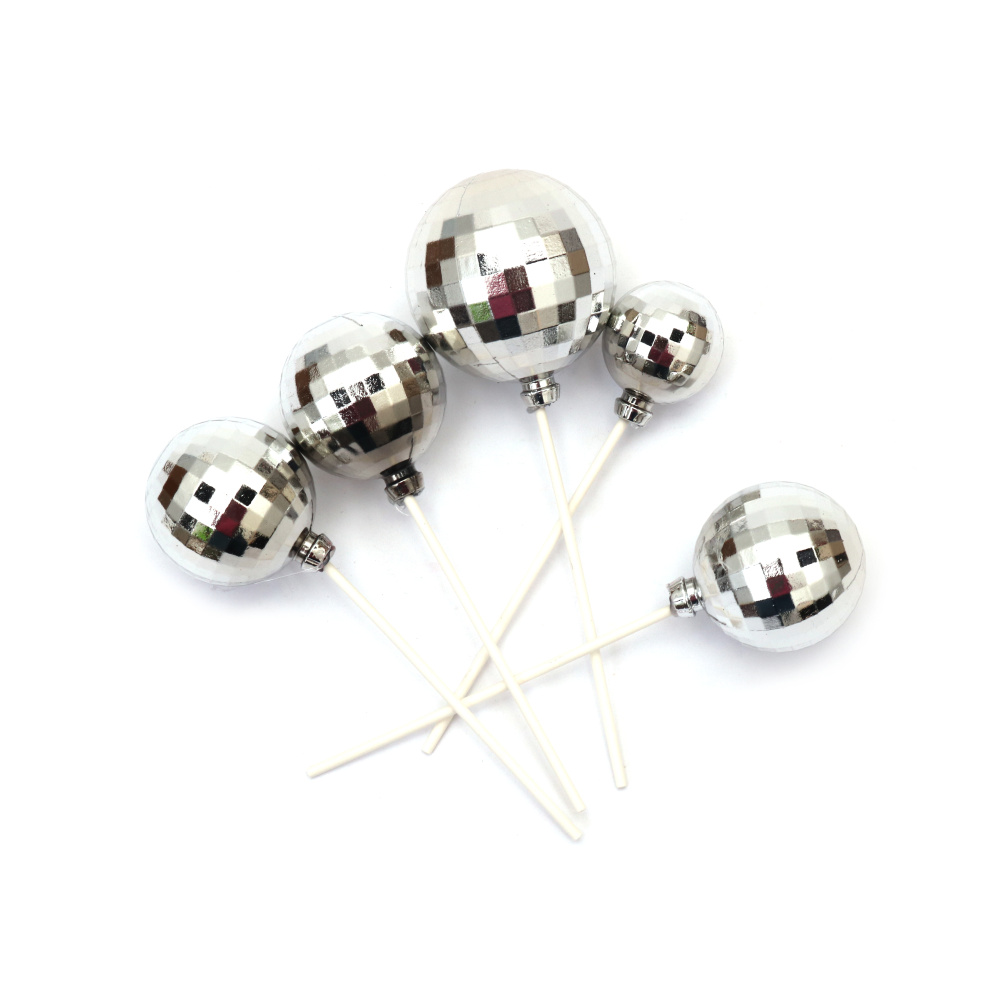 Pick-uri cu bile disco, culoare argintiu strălucitor, 48x28 mm – set de 12 bucăți – pentru decorațiuni de petrecere, aranjamente florale și crafturi festive
