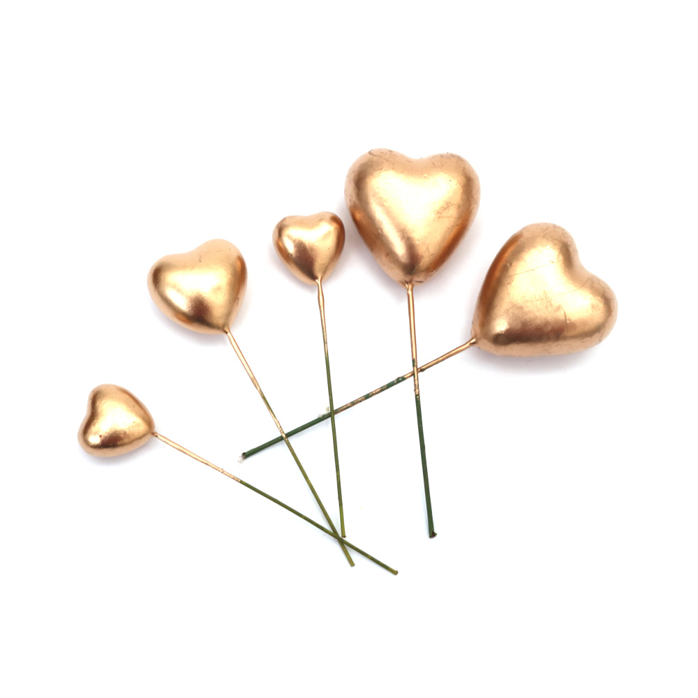 Gold Color Styrofoam Hearts with Wire Base 19x26x30x35 mm – Set of 20 Pieces – Perfect for Floral Arrangements, Gift Decorations and Creative Crafts