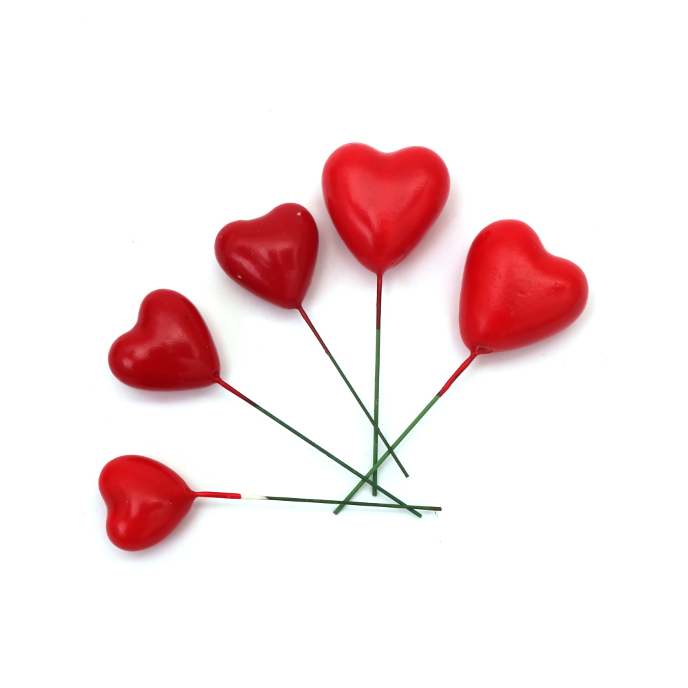 Red Styrofoam Hearts with Wire Base 19x26x30x35 mm – Set of 20 Pieces – Perfect for Floral Arrangements, Gift Decorations and Creative Crafts