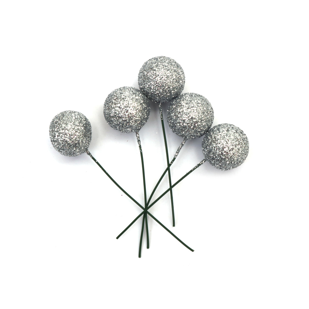 Silver Color Glitter Styrofoam Balls 20 mm with Wire Base – Set of 20 Pieces – Perfect for Floral Arrangements, Holiday Decorations and Creative Crafts
