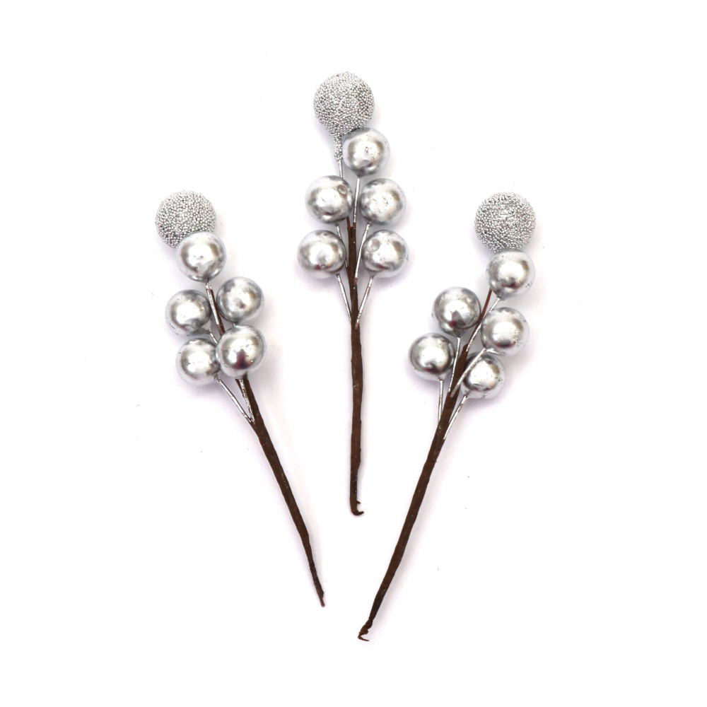 Creangă cu bile de paie pentru decor 100x25 mm culoare argintie - 12 bucăți