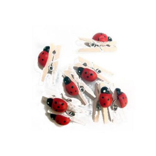 Wooden clips 3x25 mm with white ladybug -20 pieces