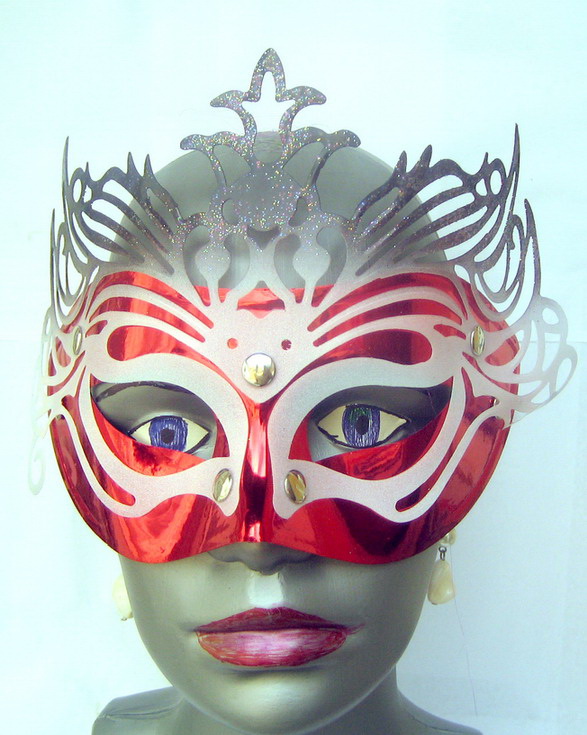 Party Mask Domino with Ties /  Red and Silver 